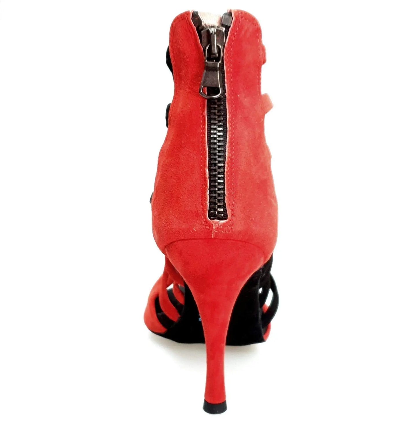 Sandalo Donna Natalia (360) Wishdance in camoscio rosso e nero, scarpa elegante con cinturino e tacco.