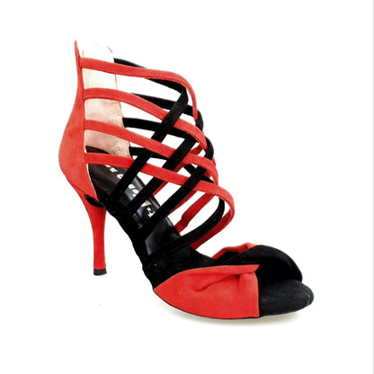 Sandalo da donna Natalia (360) Wishdance in camoscio rosso e nero, con design elegante e dettagli raffinati.