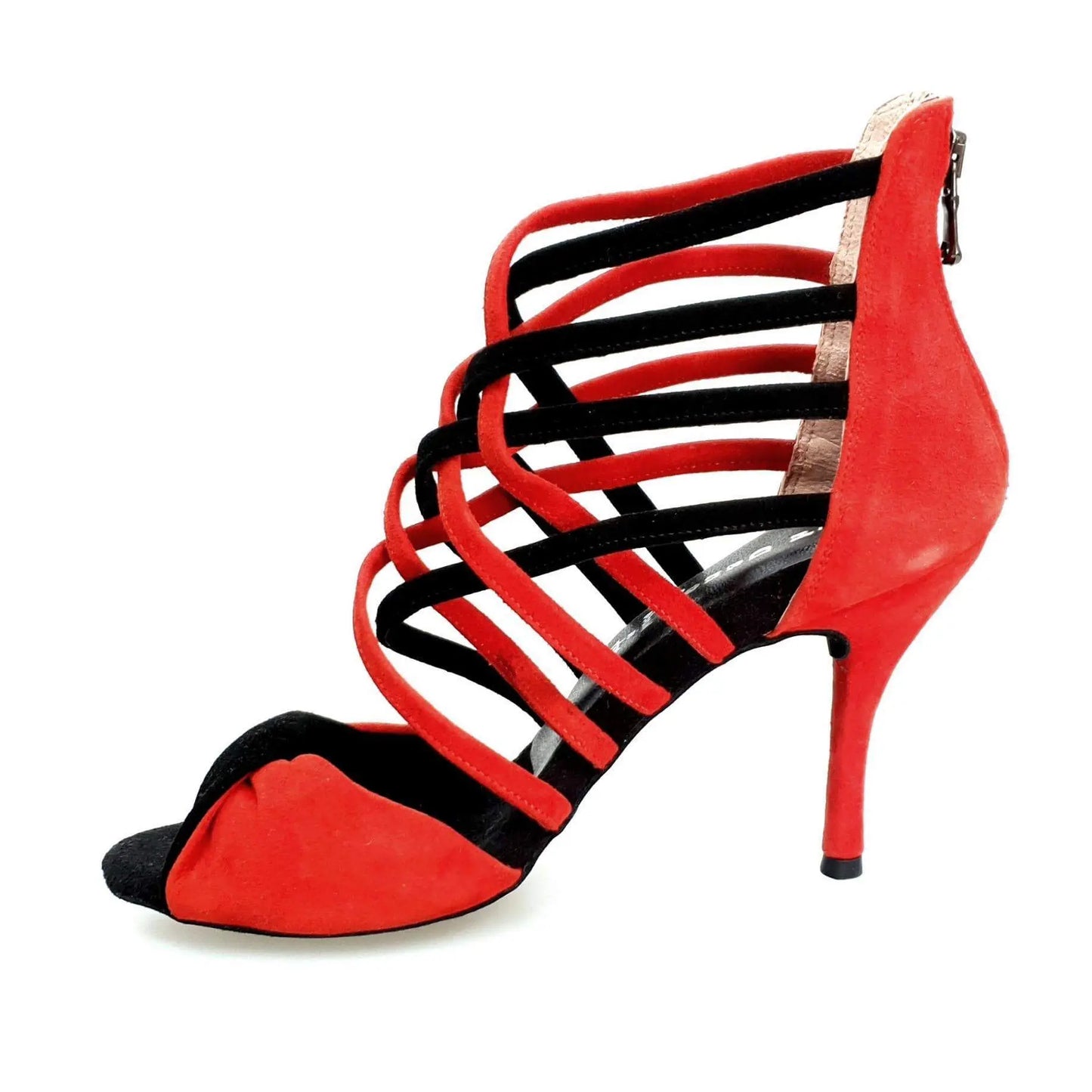 Sandalo donna Natalia (360) Wishdance in camoscio rosso e nero, con suola piatta e dettagli eleganti.