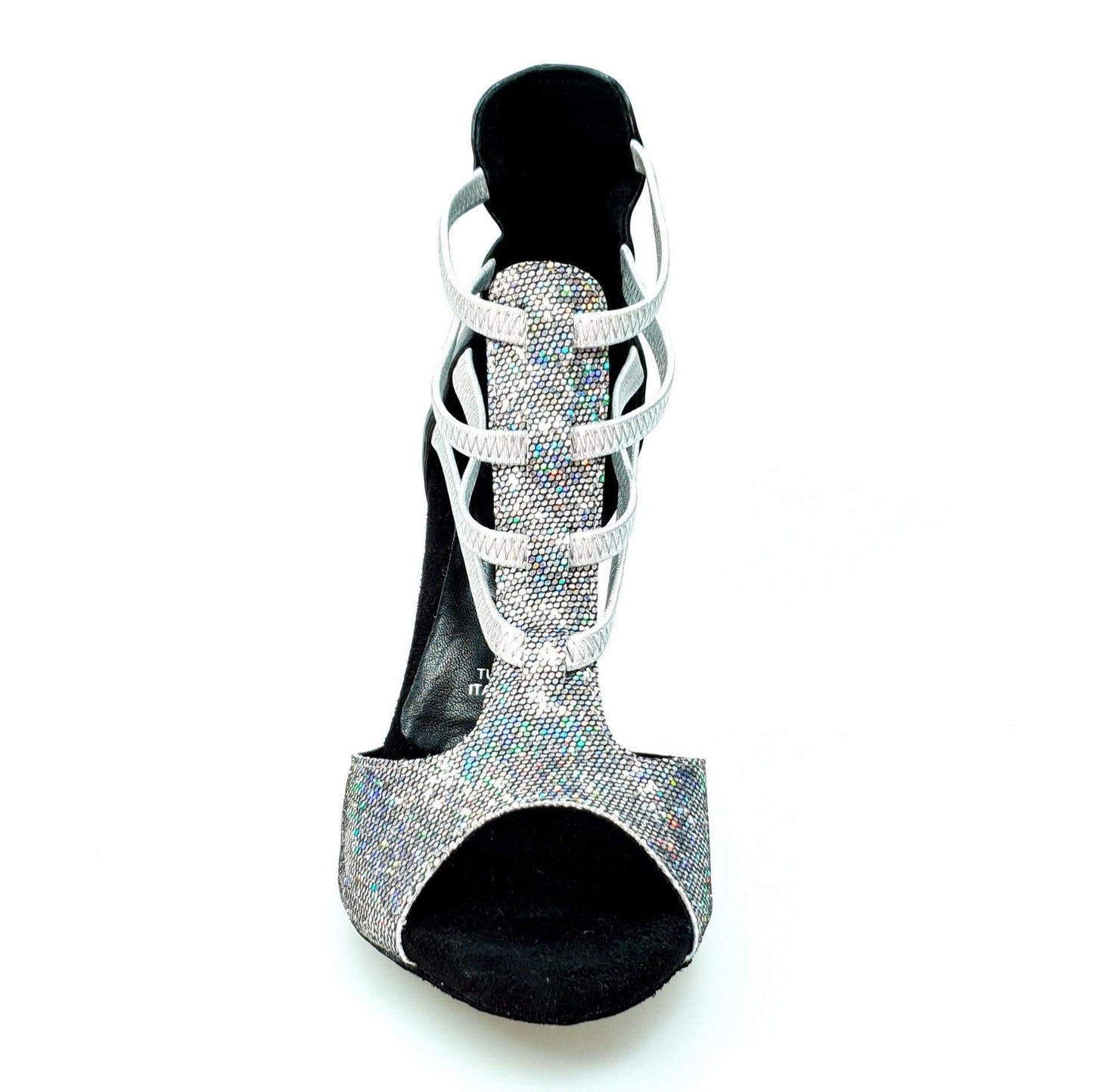 Sandalo da donna Wishdance Lilith in pelle nera e tessuto prisma boreale argento con elastici, scarpa elegante e moderna