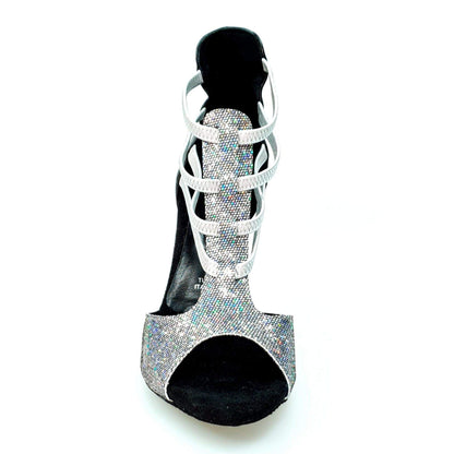 Sandalo da donna Wishdance Lilith in pelle nera e tessuto prisma boreale argento con elastici, scarpa elegante e moderna