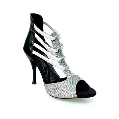 Sandalo Wishdance Lilith da donna in pelle nera e tessuto prisma boreale silver con elastici argento, con fasce colorate.