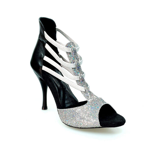 Sandalo Wishdance Lilith da donna in pelle nera e tessuto prisma boreale silver con elastici argento, con fasce colorate.