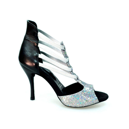 Sandalo Wishdance Lilith da donna in pelle nera e tessuto prisma boreale argento con elastici, scarpa elegante e colorata