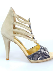 Load image into Gallery viewer, Wishdance Sandalo in Camoscio Beige e Pelle Laminata Modello Pitone con Plateau
