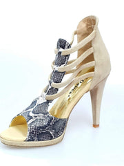 Load image into Gallery viewer, Wishdance Sandalo in Camoscio Beige e Pelle Laminata Modello Pitone con Plateau
