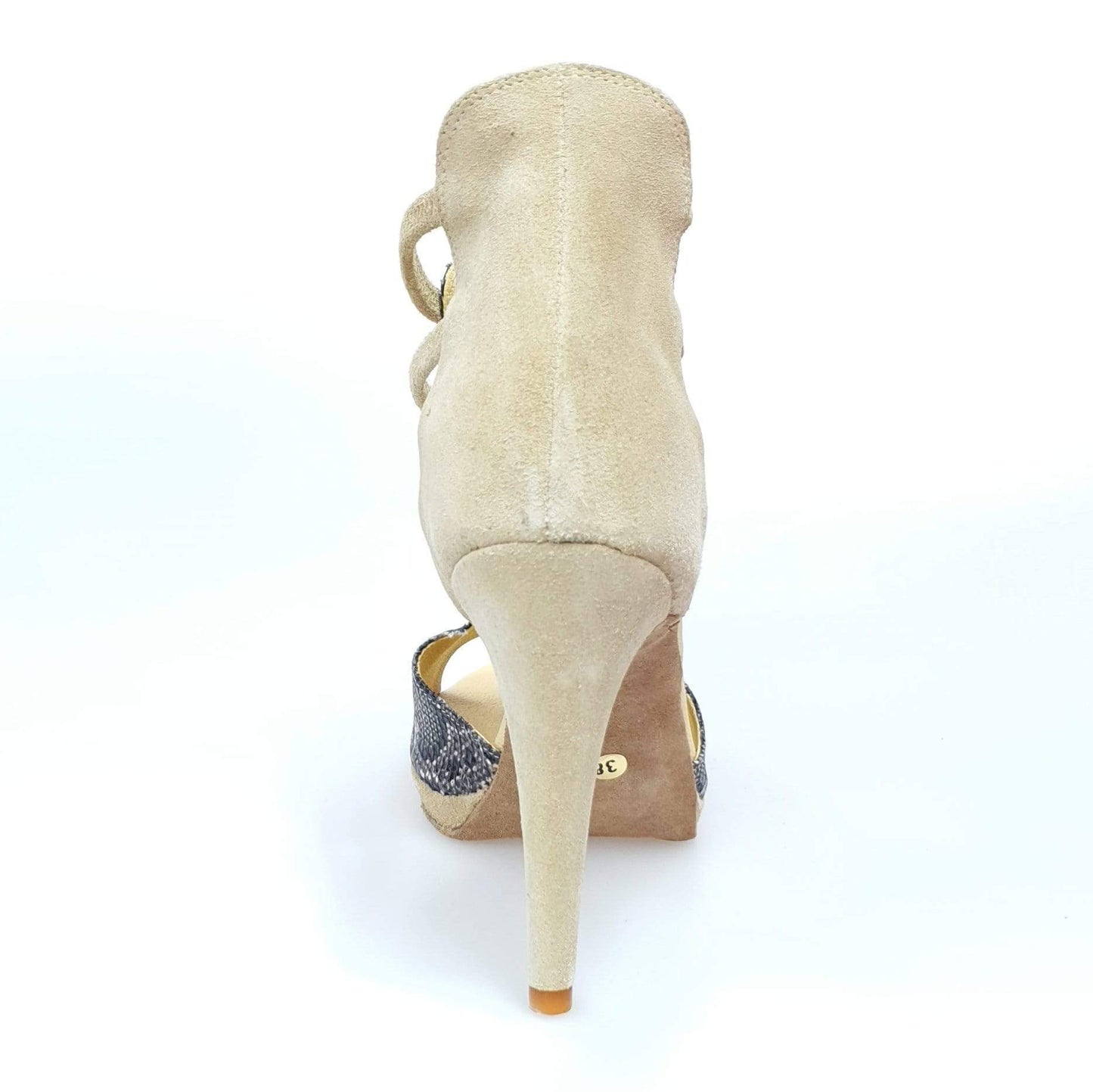 Sandalo Outlet in camoscio beige e pelle laminata modello pitone con plateau, scarpa elegante e alla moda.