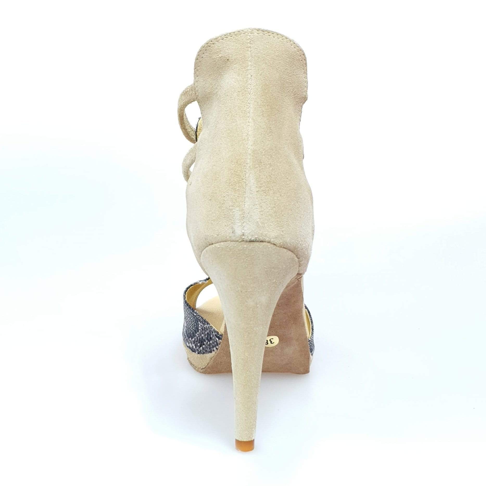 Sandalo Outlet in camoscio beige e pelle laminata modello pitone con plateau, scarpa elegante e alla moda.