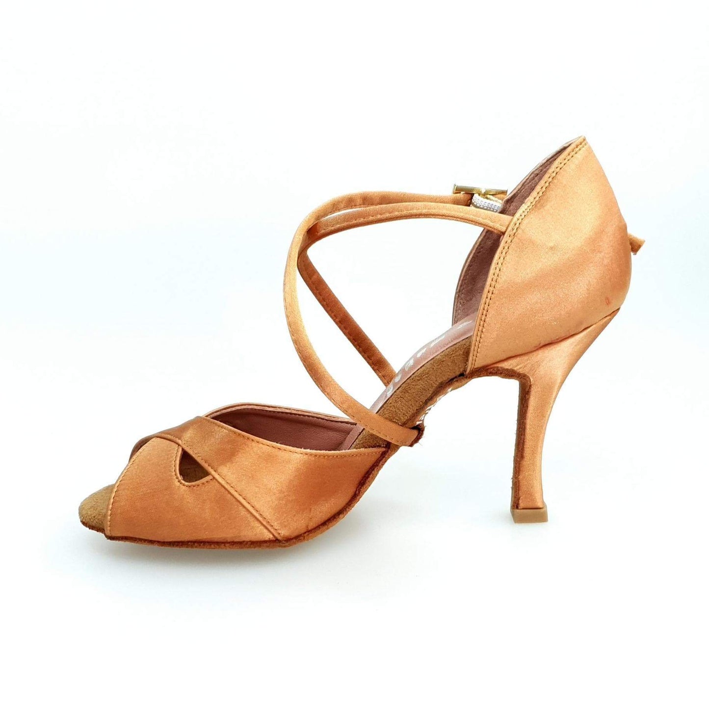 Scarpa Wishdance Ely QC donna in raso bronzo con cinturino incrociato sul collo e tacco a rocchetto, elegante e semplice.