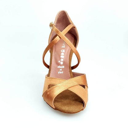 Scarpa Wishdance Ely QC da donna in raso bronzo con cinturino incrociato sul collo e tacco a rocchetto, stile elegante e versatile.