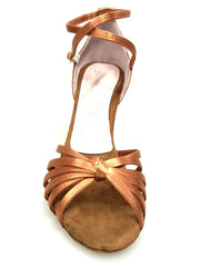 Carica immagine nella Galleria, Patty QB (28QB) - Scarpa da Ballo Basica da Donna in Raso Seta Bronzo Nodino con 6 Fascette e cinturino doppio sulla caviglia con Tacco a Spillo Largo
