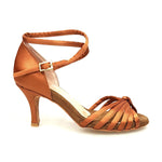 Carica immagine nella Galleria, Patty QB (28QB) - Scarpa da Ballo Basica da Donna in Raso Seta Bronzo Nodino con 6 Fascette e cinturino doppio sulla caviglia con Tacco a Spillo Largo
