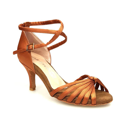 Scarpa da ballo donna Patty QB in raso bronzo con fascette, cinturino doppio e tacco a spillo largo, Wish Dance Shop.