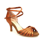 Carica immagine nella Galleria, Patty QB (28QB) - Scarpa da Ballo Basica da Donna in Raso Seta Bronzo Nodino con 6 Fascette e cinturino doppio sulla caviglia con Tacco a Spillo Largo
