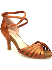 Carica immagine nella Galleria, Patty QB (28QB) - Scarpa da Ballo Basica da Donna in Raso Seta Bronzo Nodino con 6 Fascette e cinturino doppio sulla caviglia con Tacco a Spillo Largo
