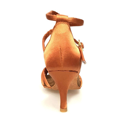 Scarpa da ballo donna Patty QB in raso seta bronzo con fascette e cinturino doppio sulla caviglia, tacco a spillo largo.