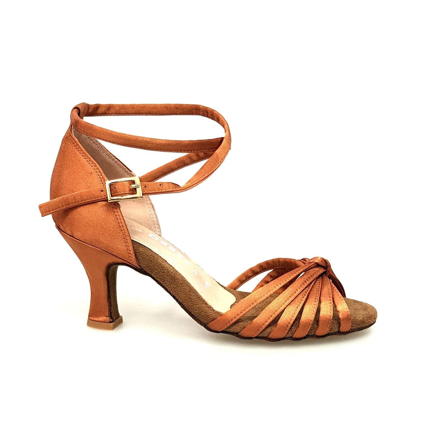 Scarpa da ballo Wishdance Patty QB in raso bronzo con fascette e cinturino doppio sulla caviglia, tacco a rocchetto, donna