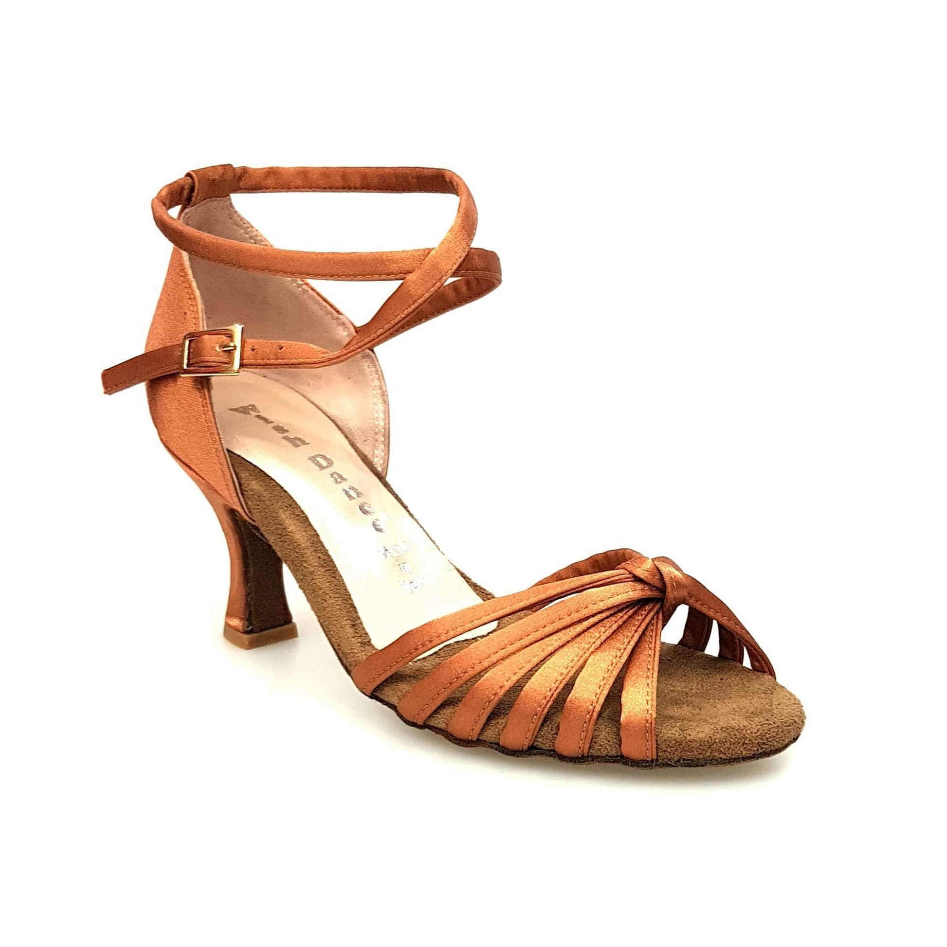 Scarpa da ballo Wishdance Patty QB in raso seta bronzo con fascette e cinturino doppio sulla caviglia, tacco a rocchetto.