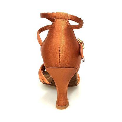 Scarpa da ballo Wishdance Patty QB in raso bronzo con fascette, cinturino doppio e tacco a rocchetto, stile elegante e semplice