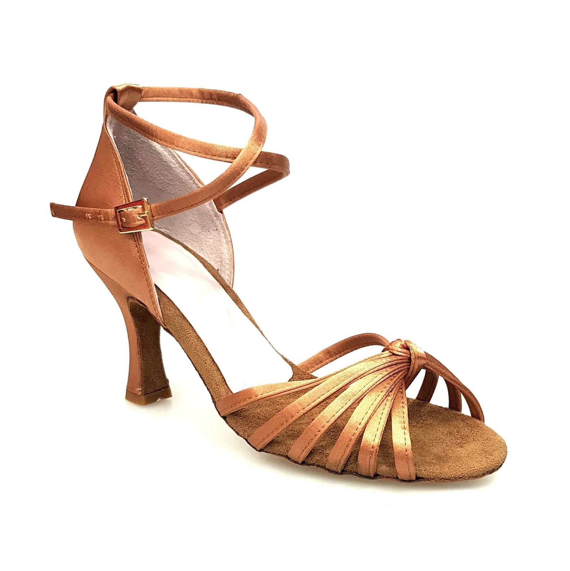 Scarpa da ballo donna Wishdance Patty QB in raso bronzo con cinturino doppio e fascette, tacco a rocchetto.