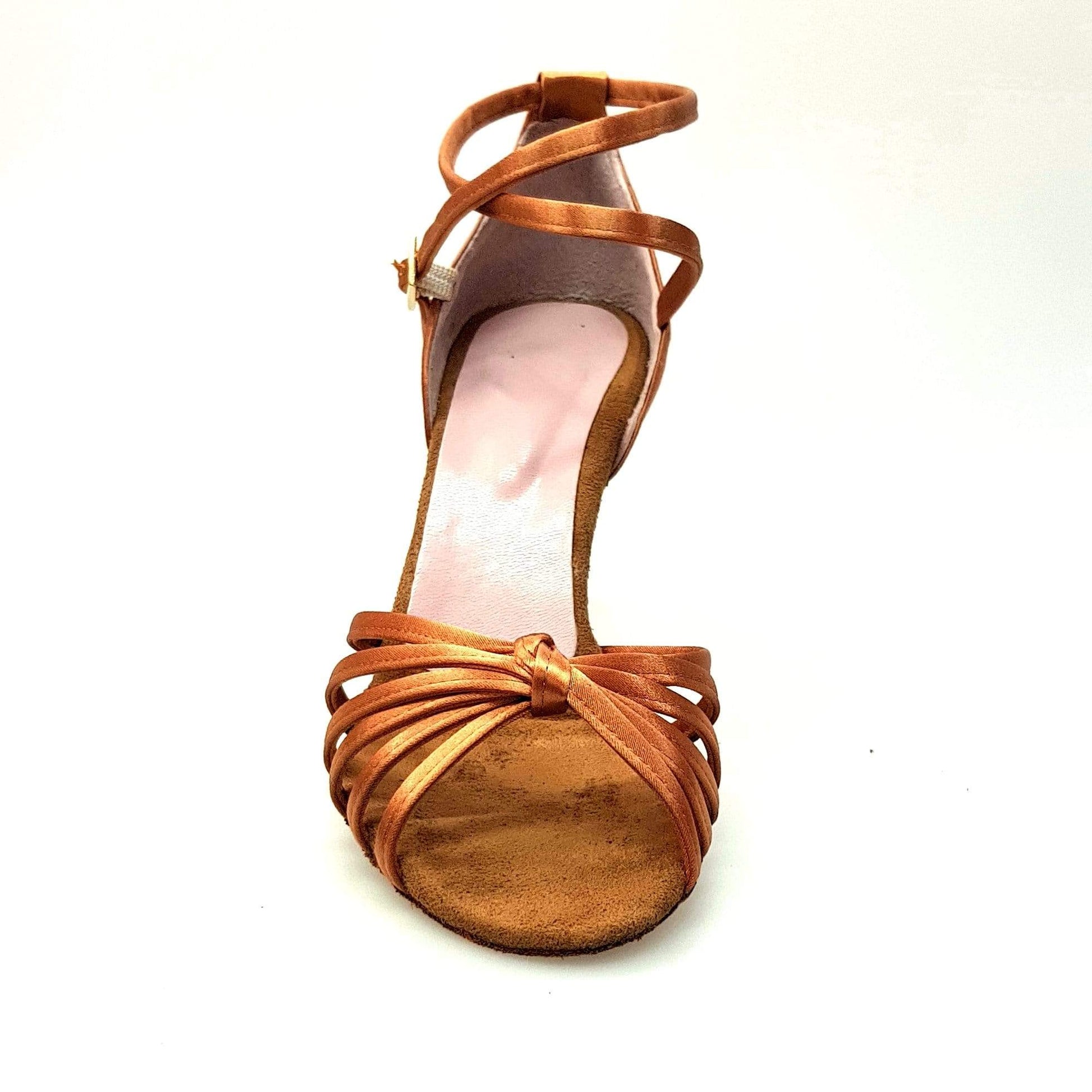 Scarpa da ballo Wishdance Patty QB in raso bronzo con fascette, cinturino doppio e tacco a rocchetto, modello femminile elegante