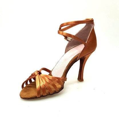 Scarpa da ballo donna Wishdance Patty QB in raso seta bronzo con fascette, cinturino doppio e tacco a rocchetto.
