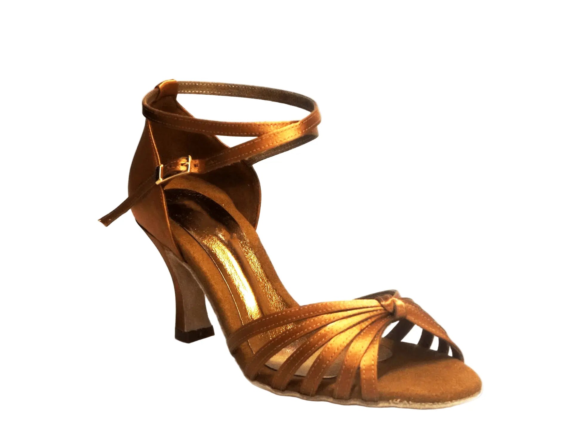 Scarpa da ballo Wishdance Pepa in raso bronzo con fascette in camoscio e tacco a rocchetto, donna, elegante e confortevole.