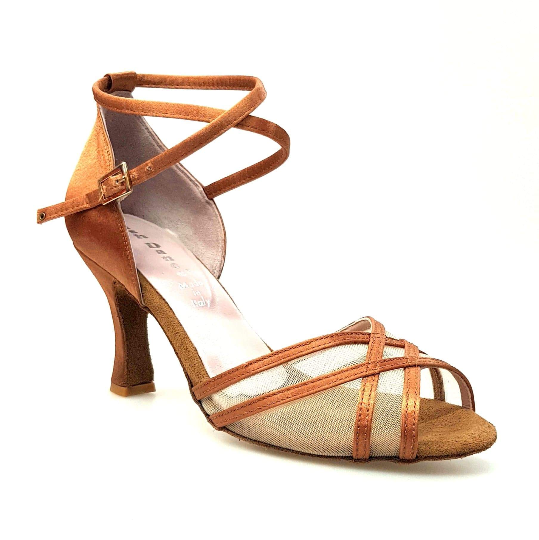 Scarpa da ballo Wishdance Melany QB donna in raso seta bronzo con retina, cinturino doppio e tacco rocchetto, dettagli eleganti e raffinati