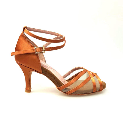Scarpa da ballo Wishdance Melany QB in raso seta bronzo con retina e cinturino doppio sulla caviglia con tacco stiletto