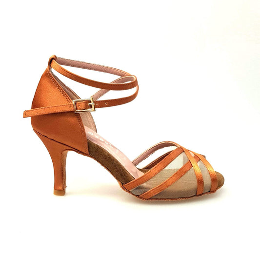 Scarpa da ballo Wishdance Melany QB in raso seta bronzo con retina e cinturino doppio sulla caviglia con tacco stiletto