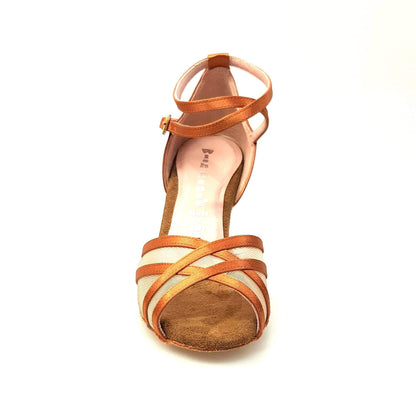 Scarpa da ballo Wishdance Melany QB in raso seta bronzo con retina, cinturino doppio e tacco stiletto, donna.