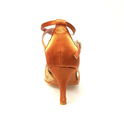 Scarpa da ballo Wishdance Melany QB in raso seta bronzo con retina, cinturino doppio e tacco rocchetto, donna, stile elegante.
