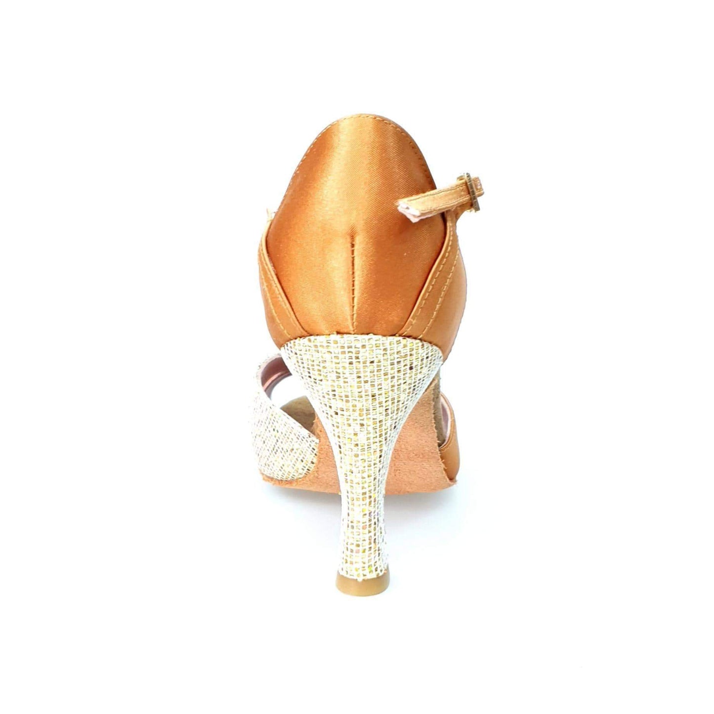 Scarpa da ballo Wishdance Ely QA in raso bronzo e oro, con cinturino singolo e tacco rocchetto, dettagli eleganti e raffinati