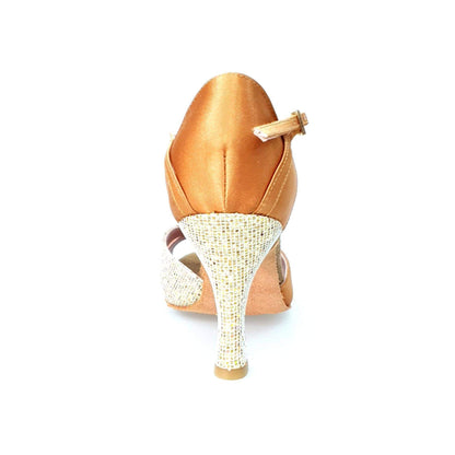 Scarpa da ballo Wishdance Ely QA in raso bronzo e oro, con cinturino singolo e tacco rocchetto, dettagli eleganti e raffinati