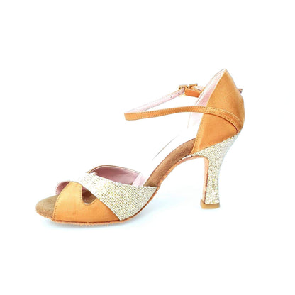 Scarpa da ballo Ely QA Wishdance in raso bronzo e oro con cinturino singolo e tacco rocchetto, design elegante e classico.