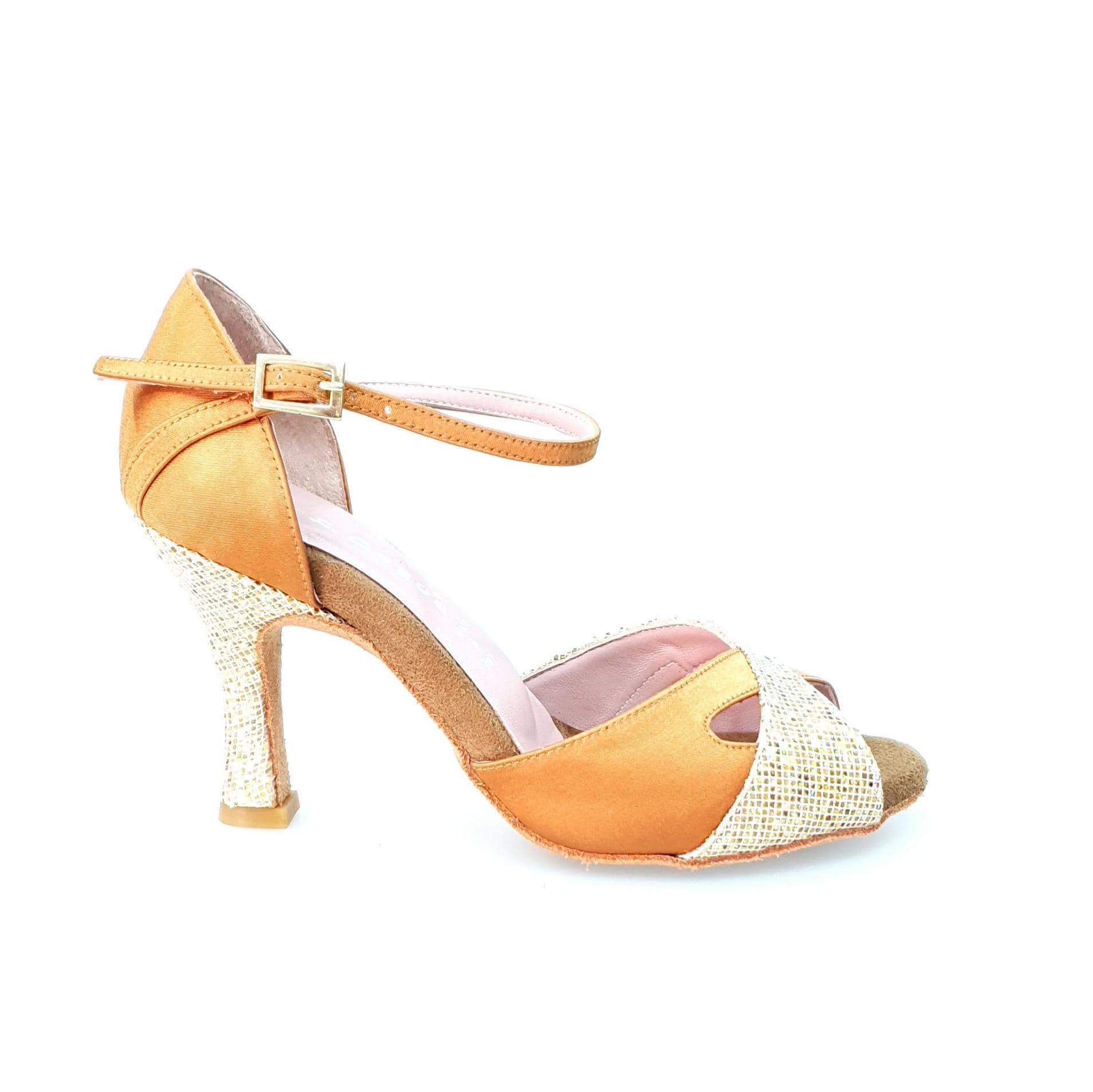 Scarpa da ballo Wishdance Ely QA in raso bronzo e oro con cinturino singolo e tacco rocchetto, donna, stile elegante e comodo