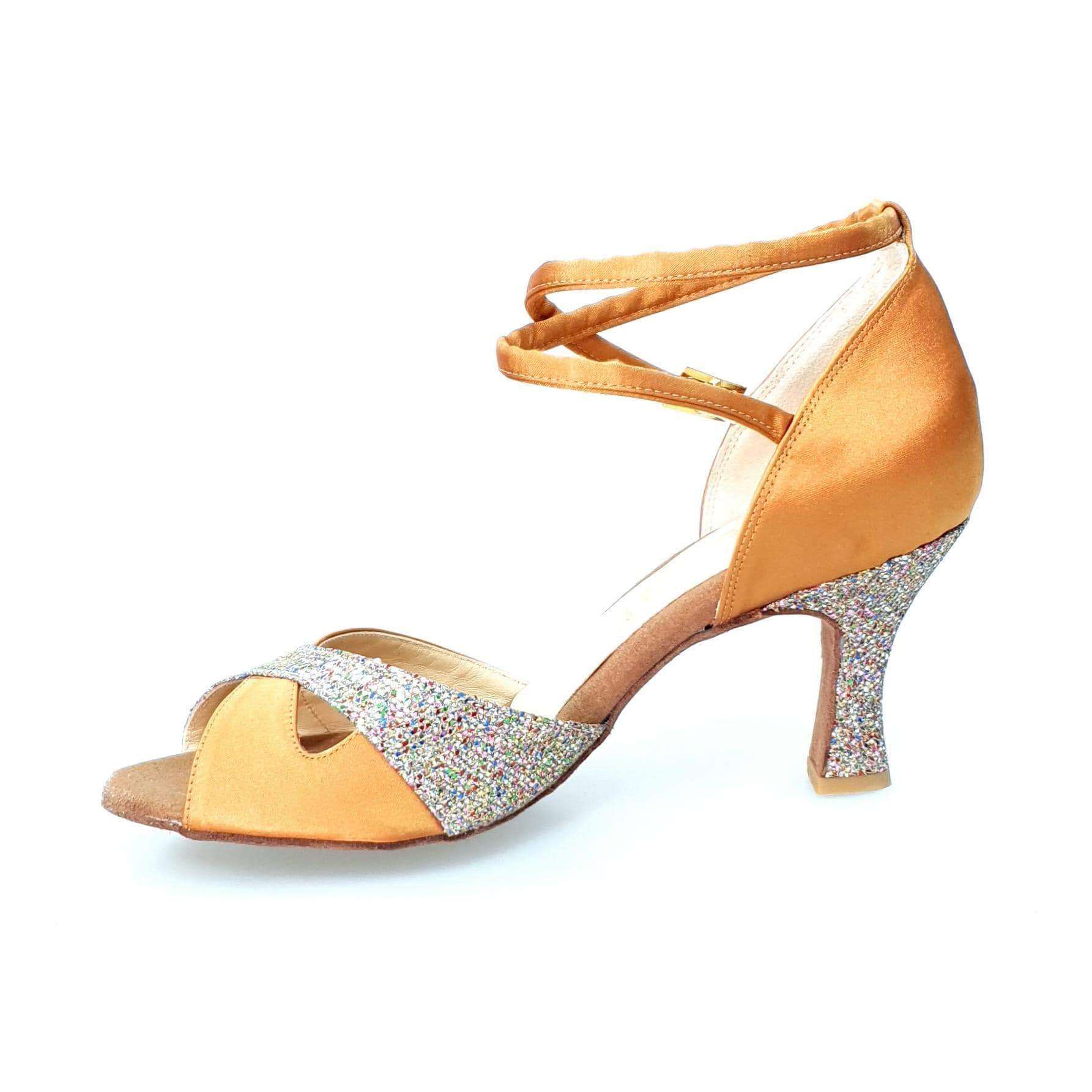 Scarpa da ballo Wishdance Ely QB in raso bronzo e prisma muticolor con cinturino doppio e tacco rocchetto, donna