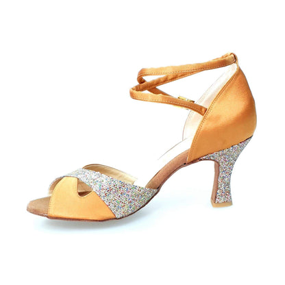 Scarpa da ballo Wishdance Ely QB in raso bronzo e prisma muticolor con cinturino doppio e tacco rocchetto, donna