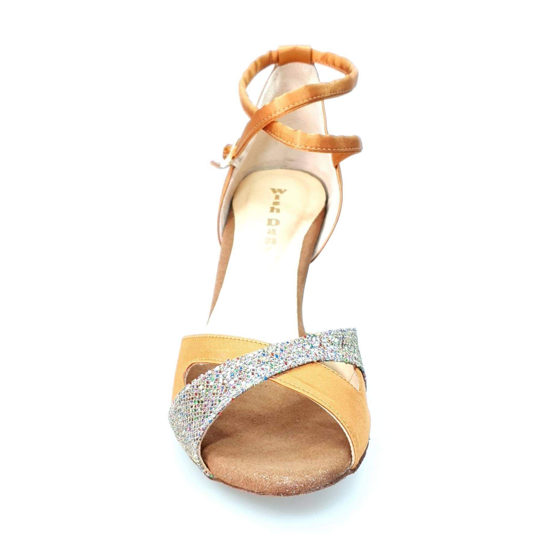 Scarpa da donna Ely QB Wishdance in raso bronzo e muticolor con cinturino doppio sulla caviglia e tacco rocchetto.