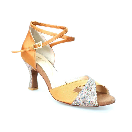 Scarpa da ballo Wishdance Ely QB in raso bronzo e muticolor con cinturino doppio e tacco rocchetto, donna.