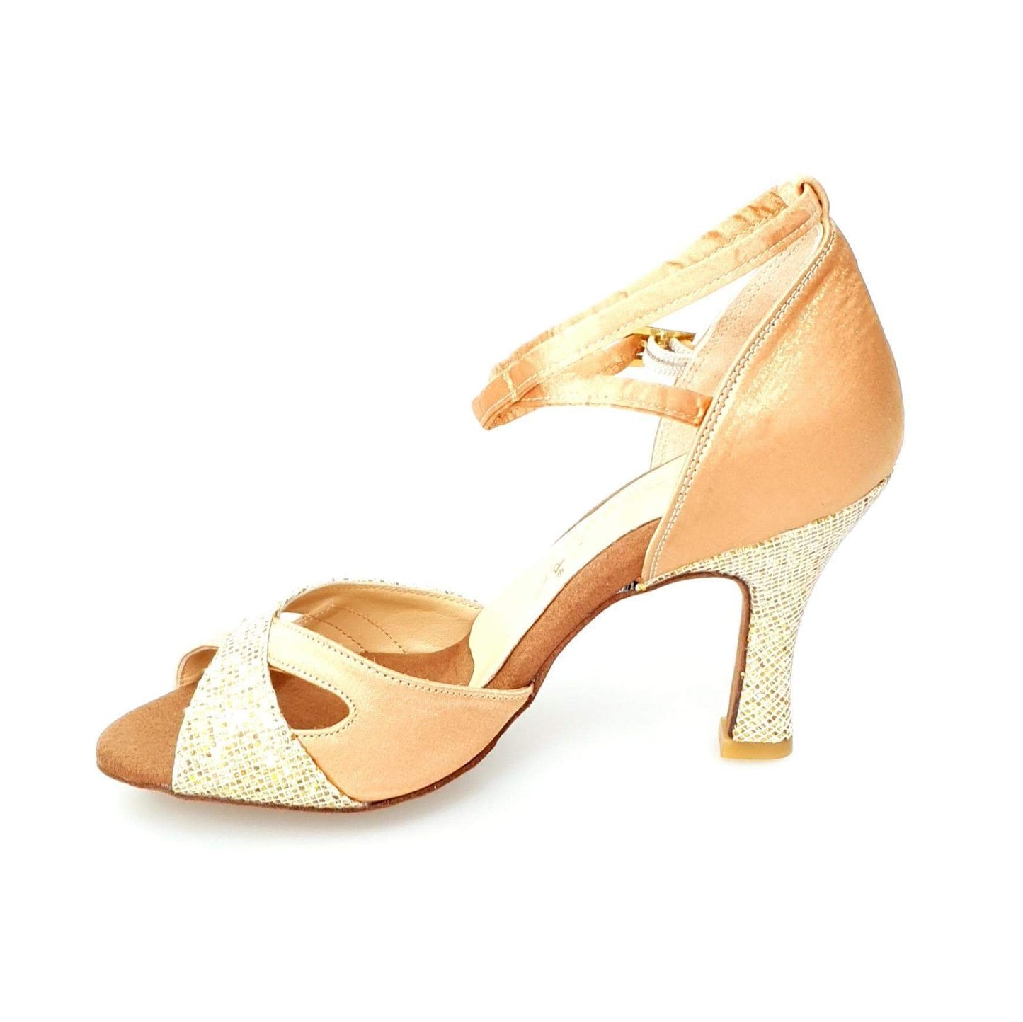 Scarpa Wishdance Ely QB da donna in raso carne e oro con cinturino doppio sulla caviglia e tacco rocchetto.