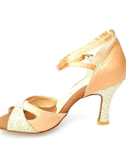 Carica immagine nella Galleria, Wishdance Scarpa Basica da Donna in Raso Carne e Multicolor Oro con Cinturino Doppio sulla Caviglia
