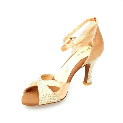 Scarpa Wishdance Ely QB da donna in raso carne e oro con cinturino doppio sulla caviglia e tacco rocchetto, stile elegante e femminile.