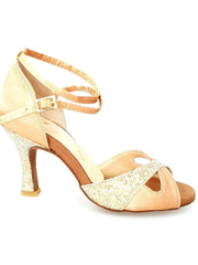 Carica immagine nella Galleria, Wishdance Scarpa Basica da Donna in Raso Carne e Multicolor Oro con Cinturino Doppio sulla Caviglia
