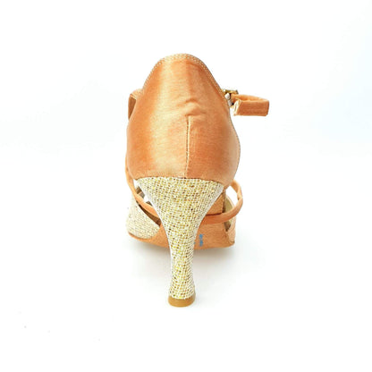 Scarpa Wishdance Ely QC donna in raso carne e oro multicolor con cinturino incrociato e tacco rocchetto, dettaglio elegante e raffinato.