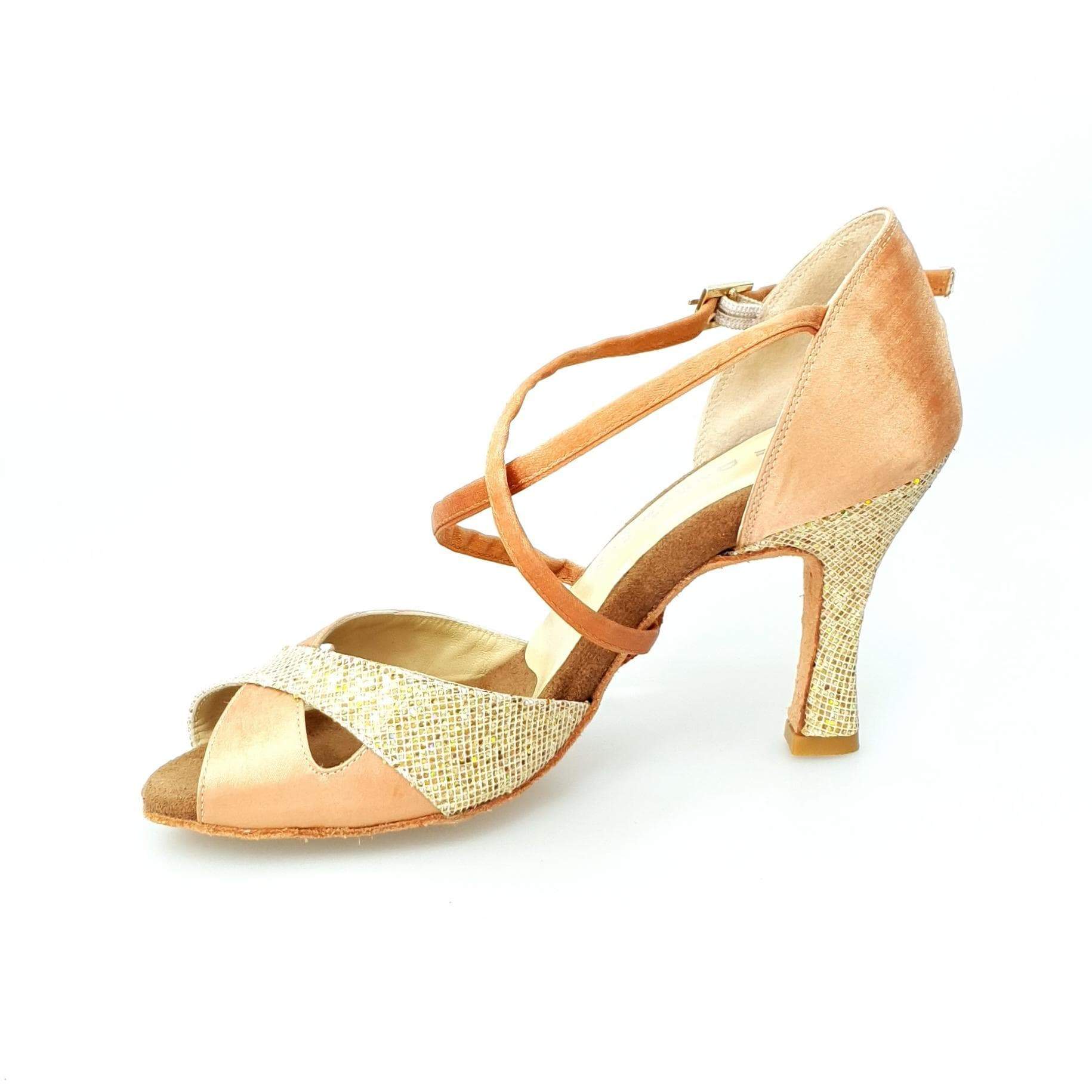 Scarpa Wishdance Ely QC da donna in raso carne e multicolor oro con cinturino incrociato e tacco rocchetto, dettagli eleganti e raffinati