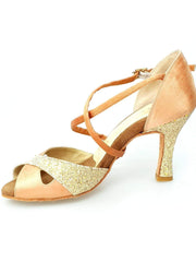 Carica immagine nella Galleria, Wishdance Scarpa Basica Da donna in Raso Carne e Multicolor Oro con Cinturino Incrociato sul Collo Piede
