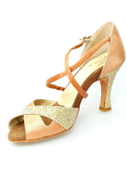 Carica immagine nella Galleria, Wishdance Scarpa Basica Da donna in Raso Carne e Multicolor Oro con Cinturino Incrociato sul Collo Piede
