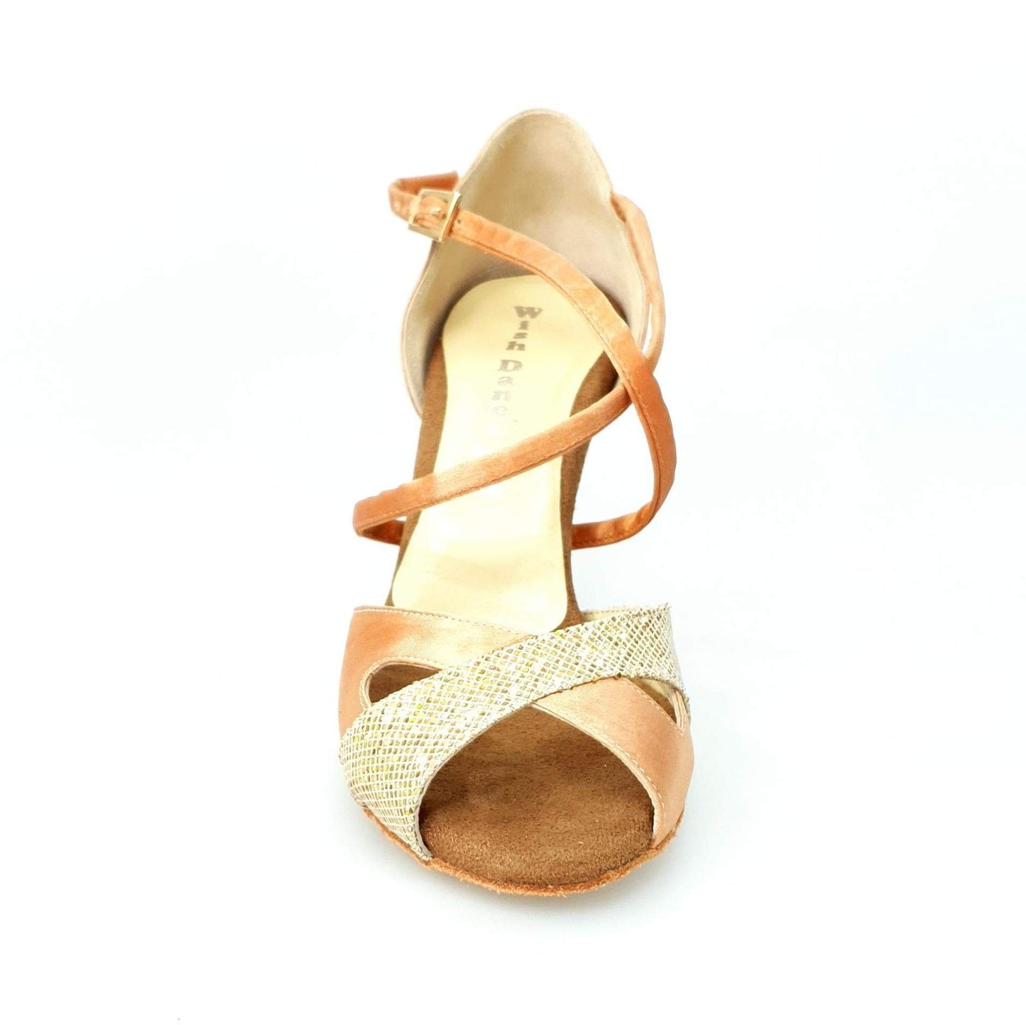 Scarpa Wishdance Ely QC donna in raso carne e multicolor oro, con cinturino incrociato e tacco rocchetto elegante.