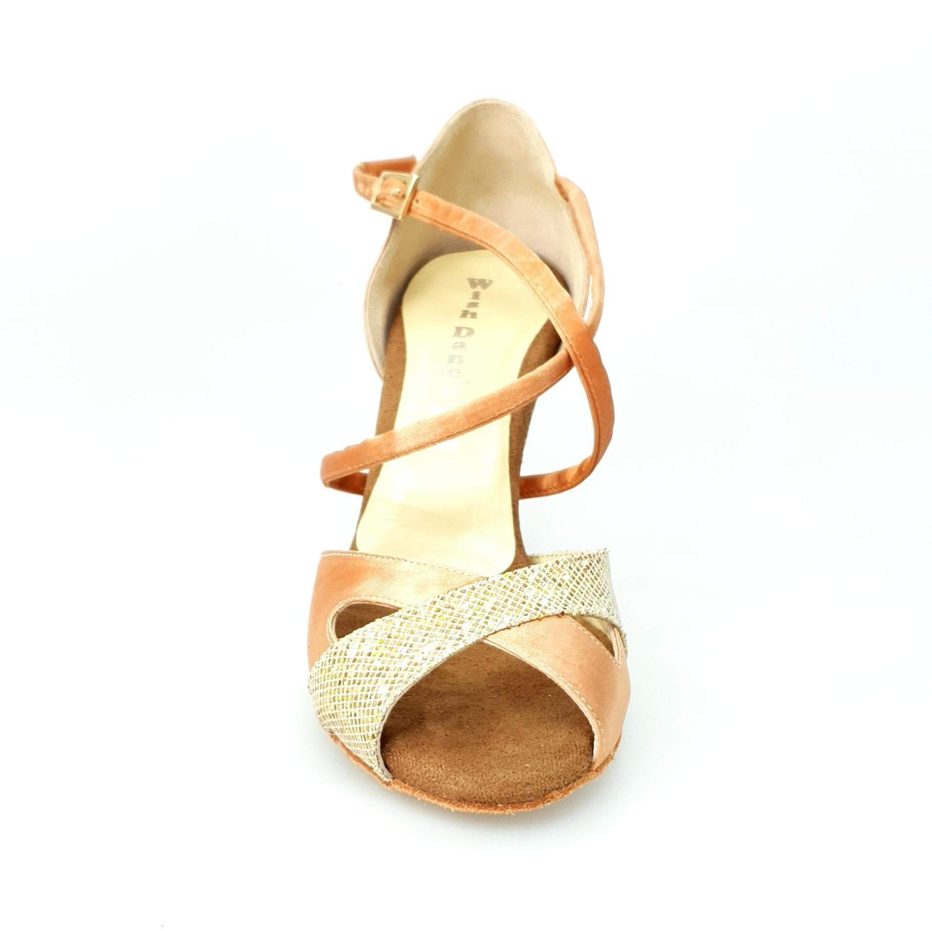 Scarpa Wishdance Ely QC donna in raso carne e multicolor oro, con cinturino incrociato e tacco rocchetto elegante.
